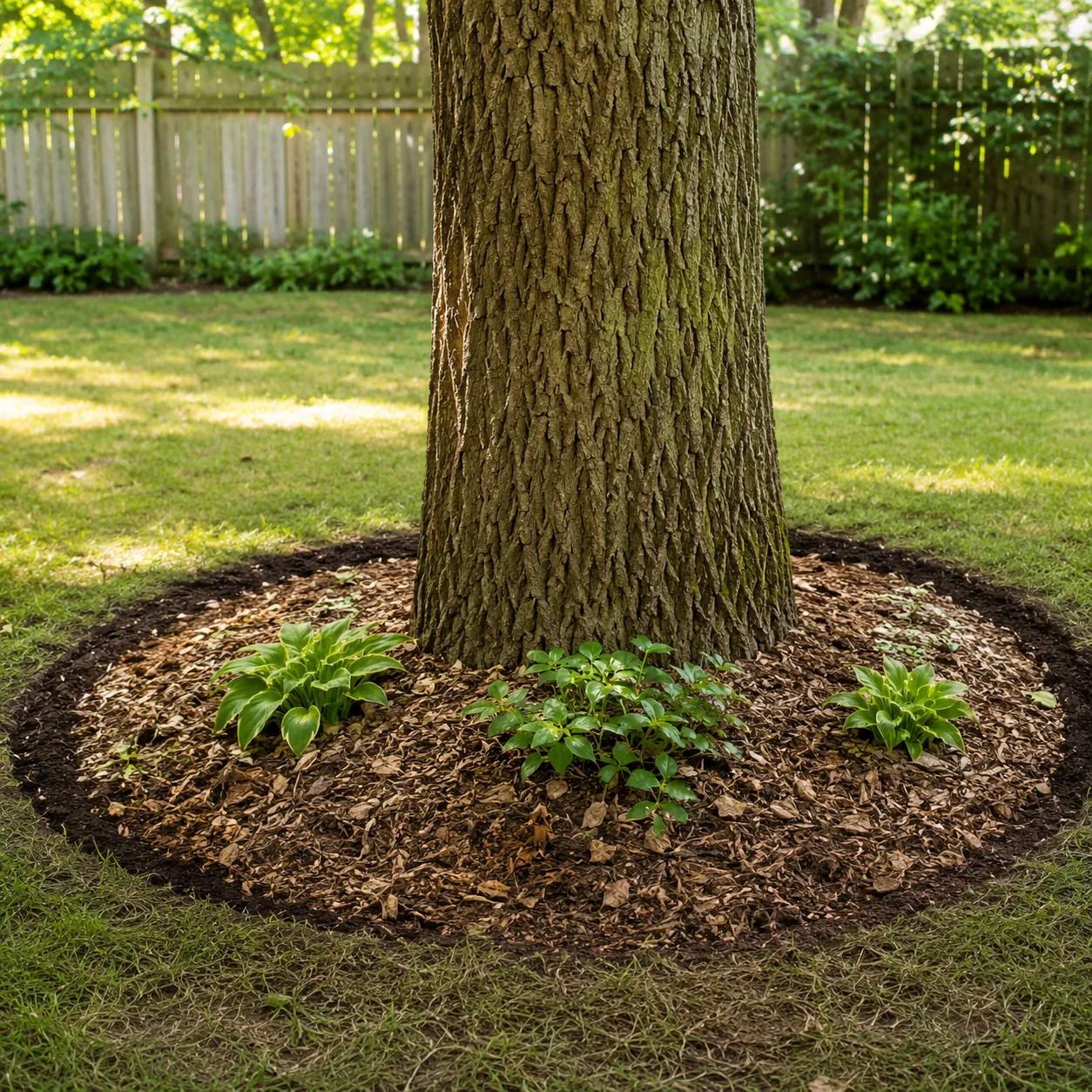 Realistic editorial photo of a weeded and edged tree ring in budget backyard weekend upgrade, realistic editorial photo,