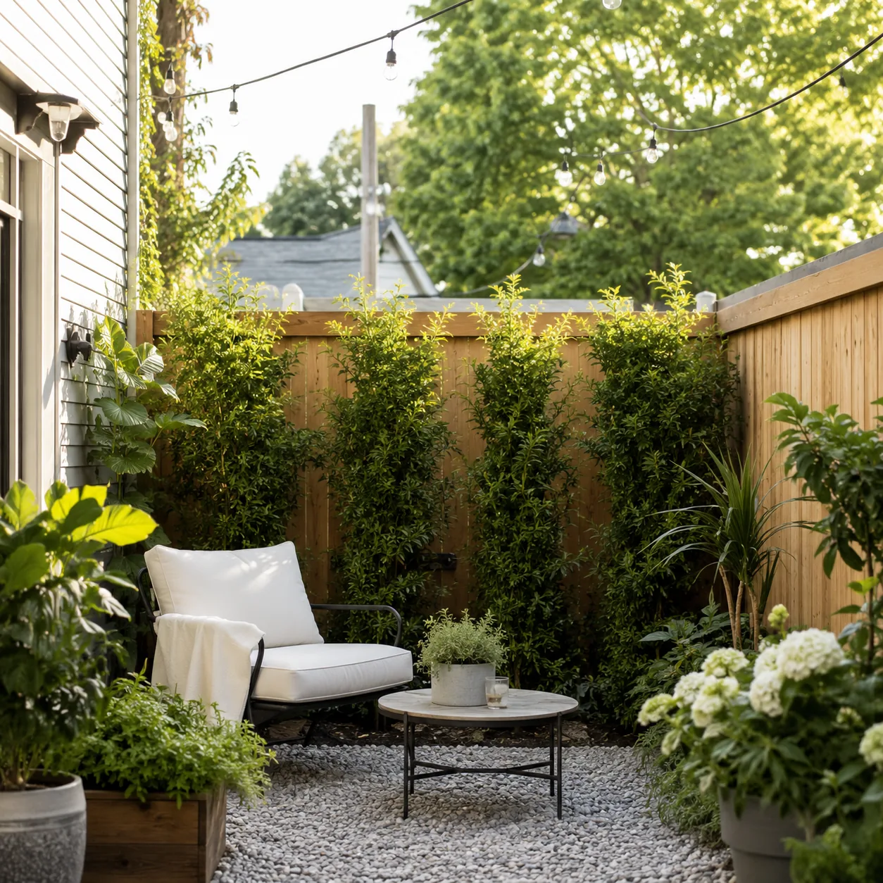 Realistic editorial photo of add privacy at eye level in small fenced backyard, realistic editorial photo, natural light