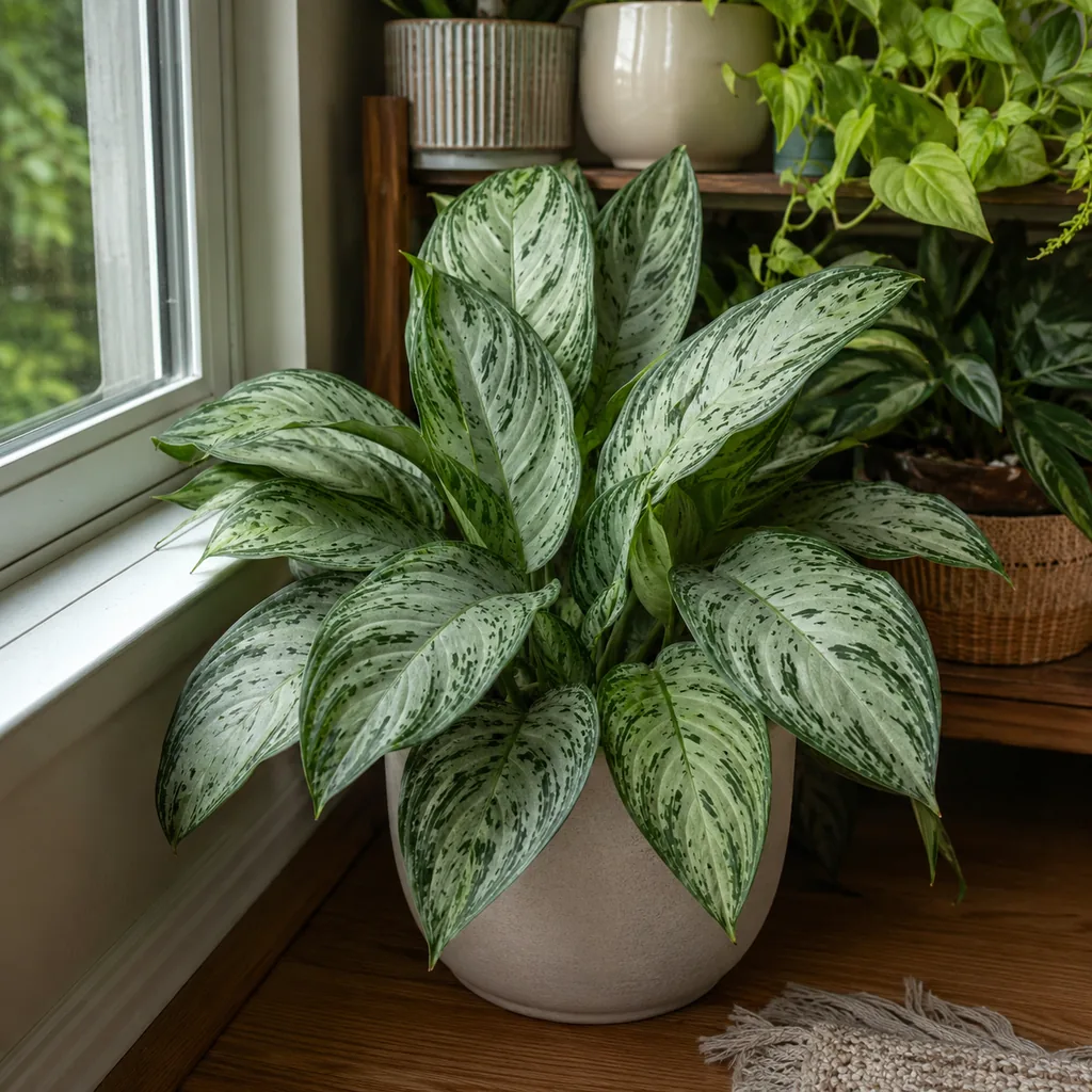 Realistic editorial photo of Aglaonema Silver Bay growing in low light room corner with houseplants near a window, reali