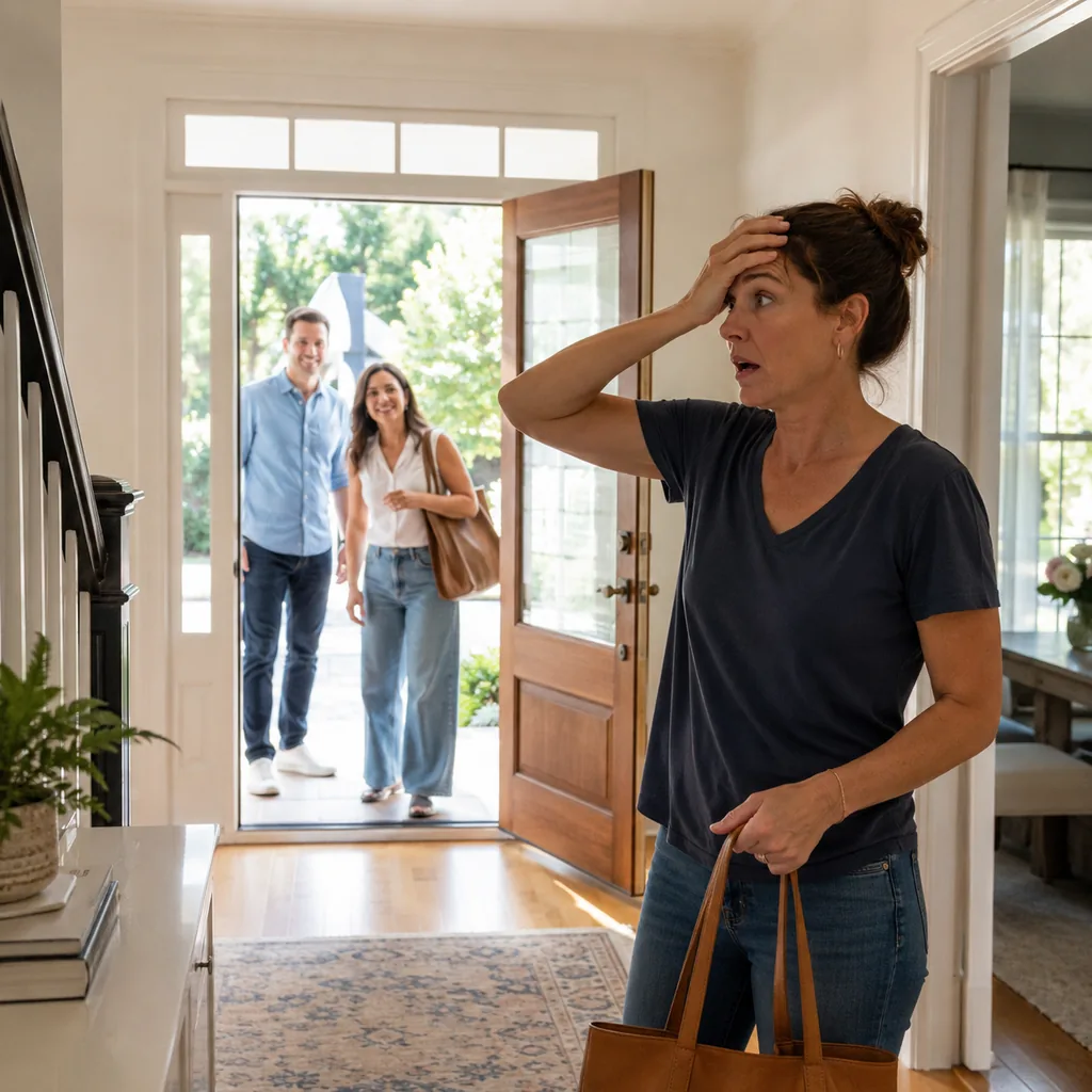 Realistic editorial photo of an American entryway showing forgetting guests