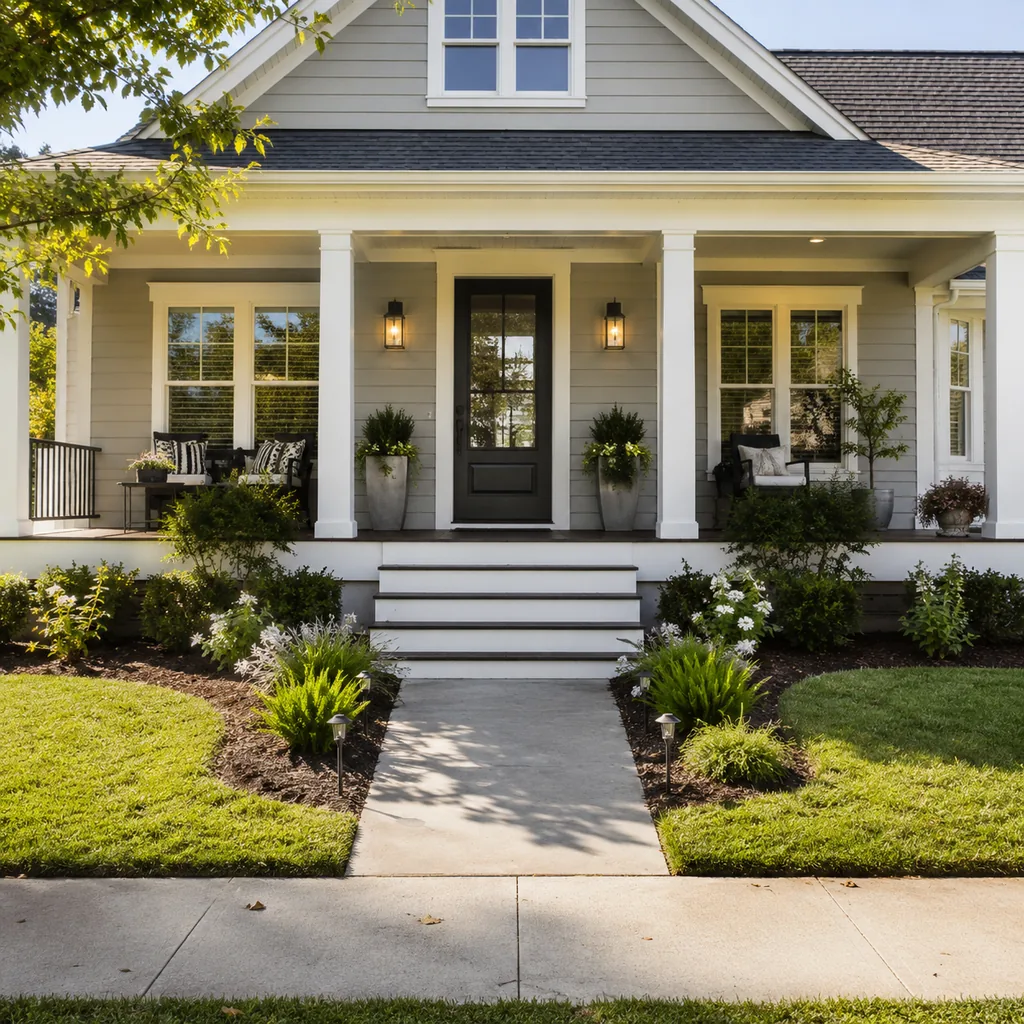 Realistic editorial photo of an American front porch with siding, steps, planters, seating, and a visible front door showing view from the curb, not just the do