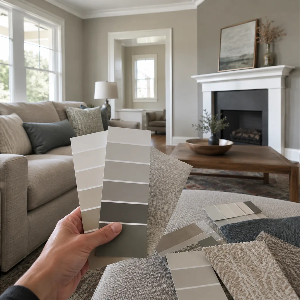 Realistic editorial photo of an American living room with paint swatches, sofa fabric, wall colors, and natural light showing colors that photograph better than