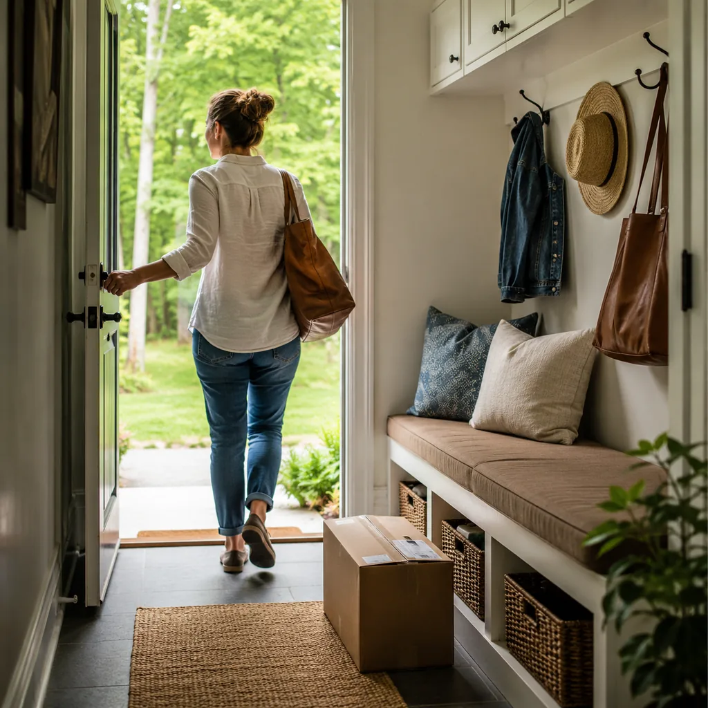 Realistic editorial photo of an American mudroom showing forgetting package drop-off