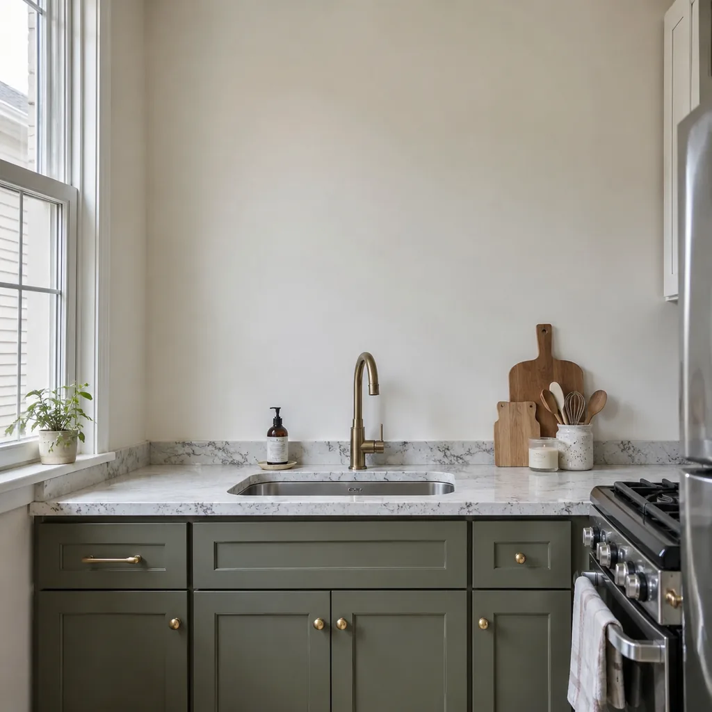 Realistic editorial photo of an American small kitchen showing not using wall above sink