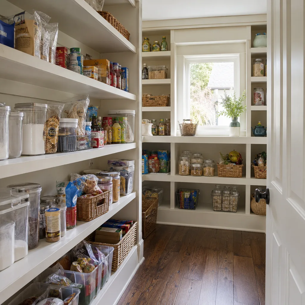 Realistic editorial photo of an American walk-in pantry showing not tracking expiration dates