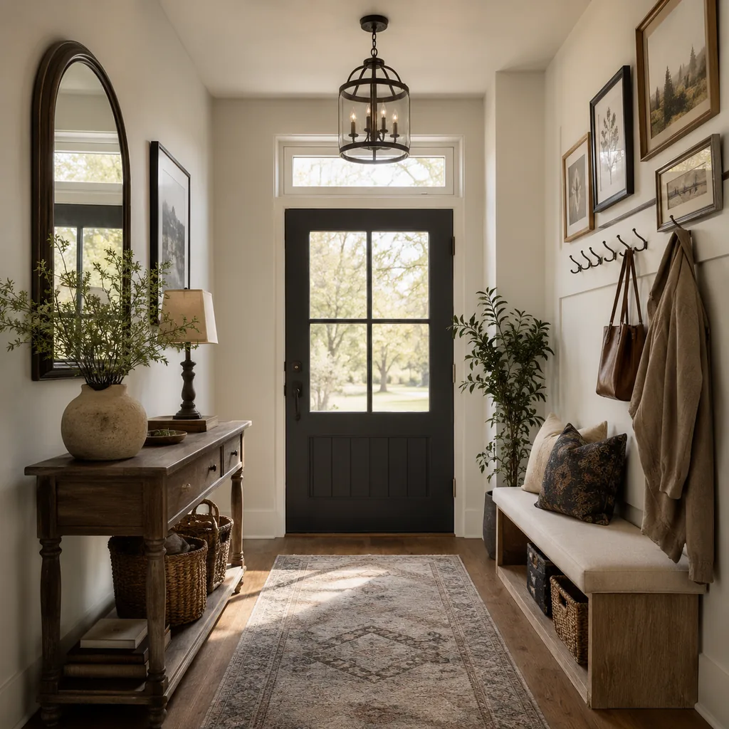 Realistic editorial photo of an entryway with console table, mirror, bench, hooks, rug, lighting, and storage showing gallery wall with one strong edge