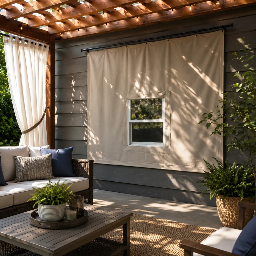 Realistic editorial photo of an outdoor patio with pergola curtains, seating, plants, fabric panels, and sunlight showing small window made smaller by fabric