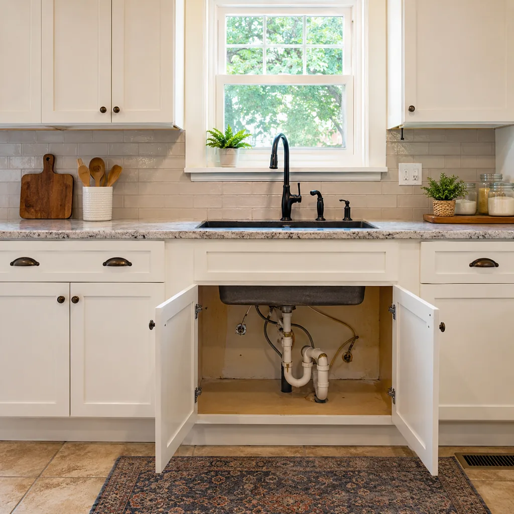 Realistic editorial photo of an updated kitchen with new counters, cabinets, backsplash, sink, hardware, and lingering dated details showing loose plumbing unde