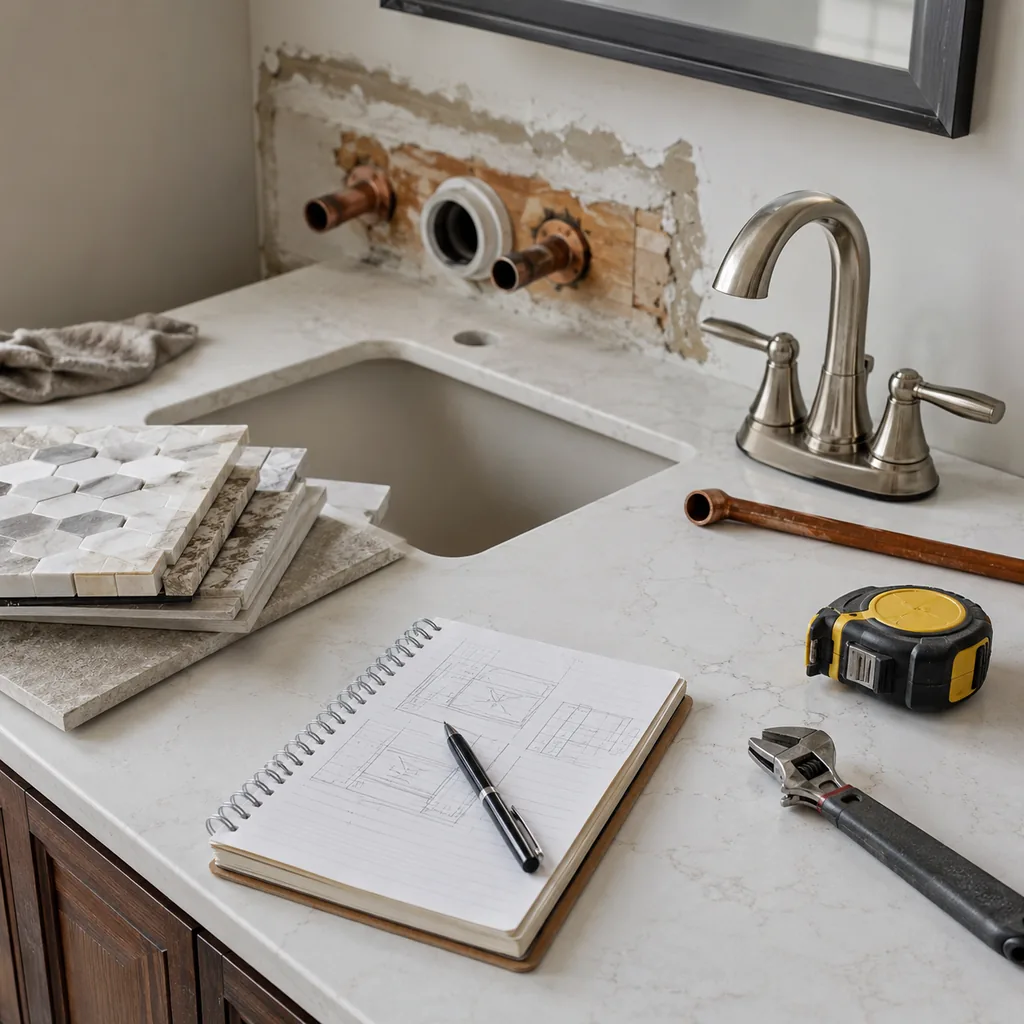 Realistic editorial photo of bathroom remodel schedule notes, contractor tools, tile samples, and exposed plumbing on a vanity top