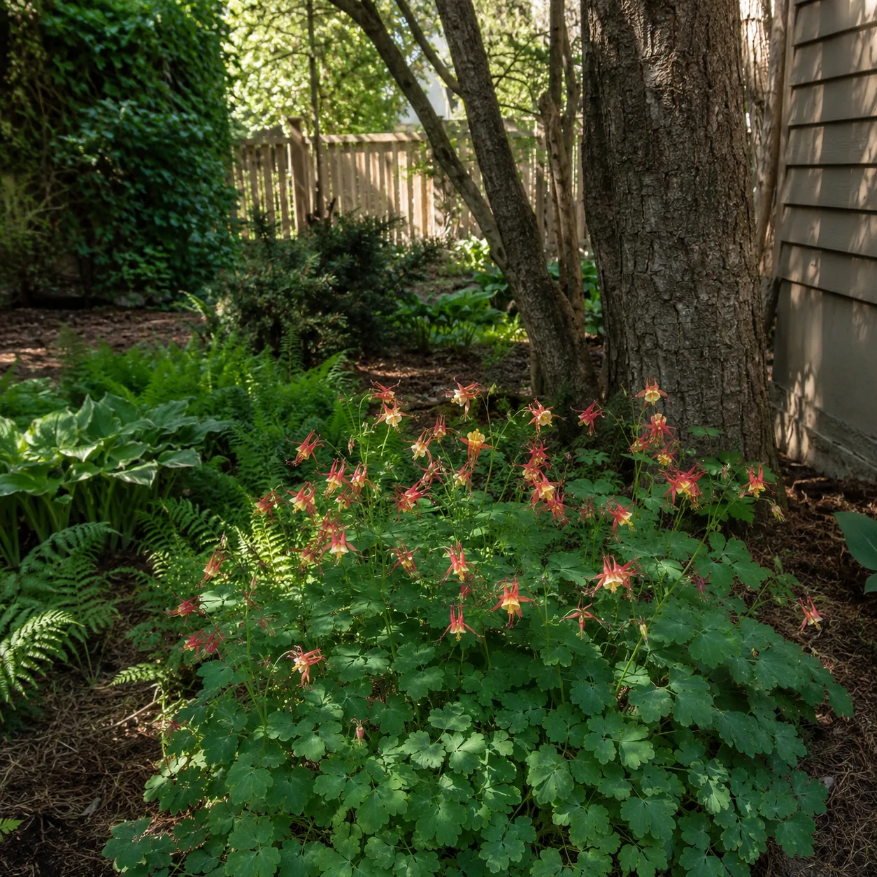 Realistic editorial photo of Columbine growing in dry shady side yard under mature trees planted with shade tolerant pla