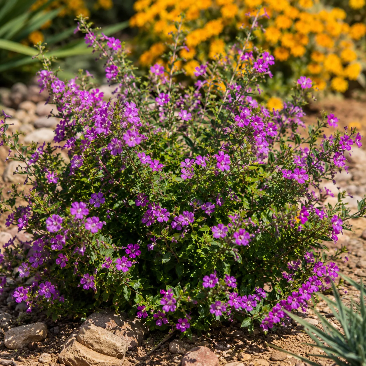 Realistic editorial photo of Cuphea growing in sunny drought tolerant flower bed in summer heat, realistic editorial pho