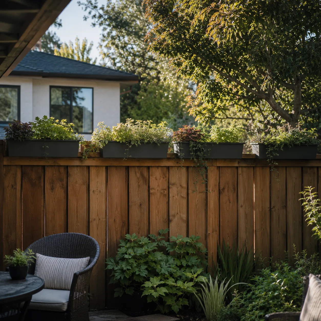 Realistic editorial photo of fence-top planter boxes in an ordinary backyard needing privacy, realistic editorial photo,