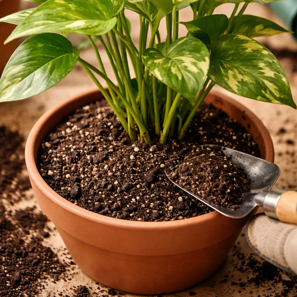 Realistic editorial photo of fresh potting mix added around base of pothos plant, warm natural light, practical home gar