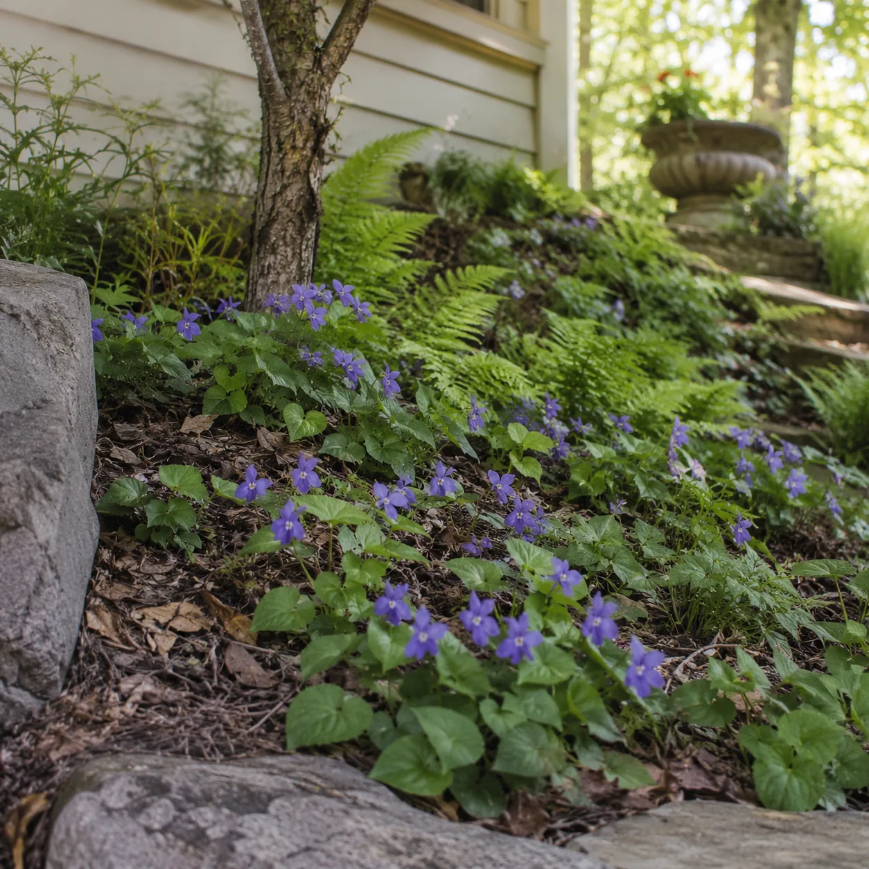 Realistic editorial photo of Native violets in shade growing in sloped front yard planted with controlled ground covers,