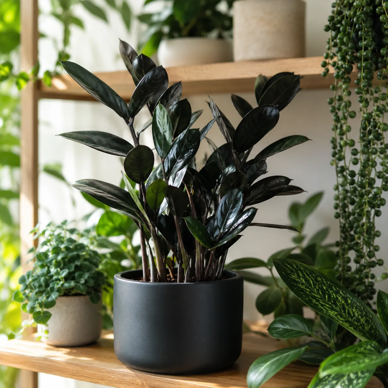 Realistic editorial photo of Raven ZZ plant growing in bright indoor shelf with low maintenance houseplants, realistic e