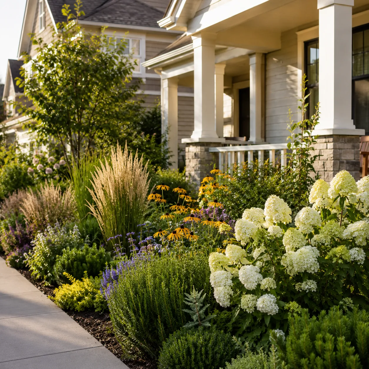 Realistic editorial photo of use deep planting beds in polished suburban front yard, realistic editorial photo, natural 