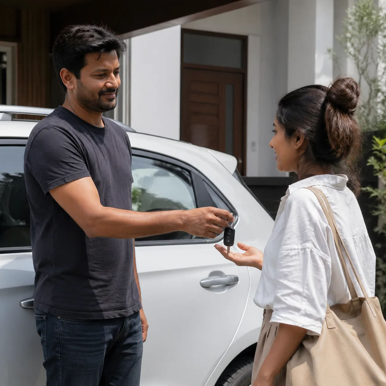 Realistic lifestyle photo of a husband handing car keys to his wife at the driveway with a slightly tired smile