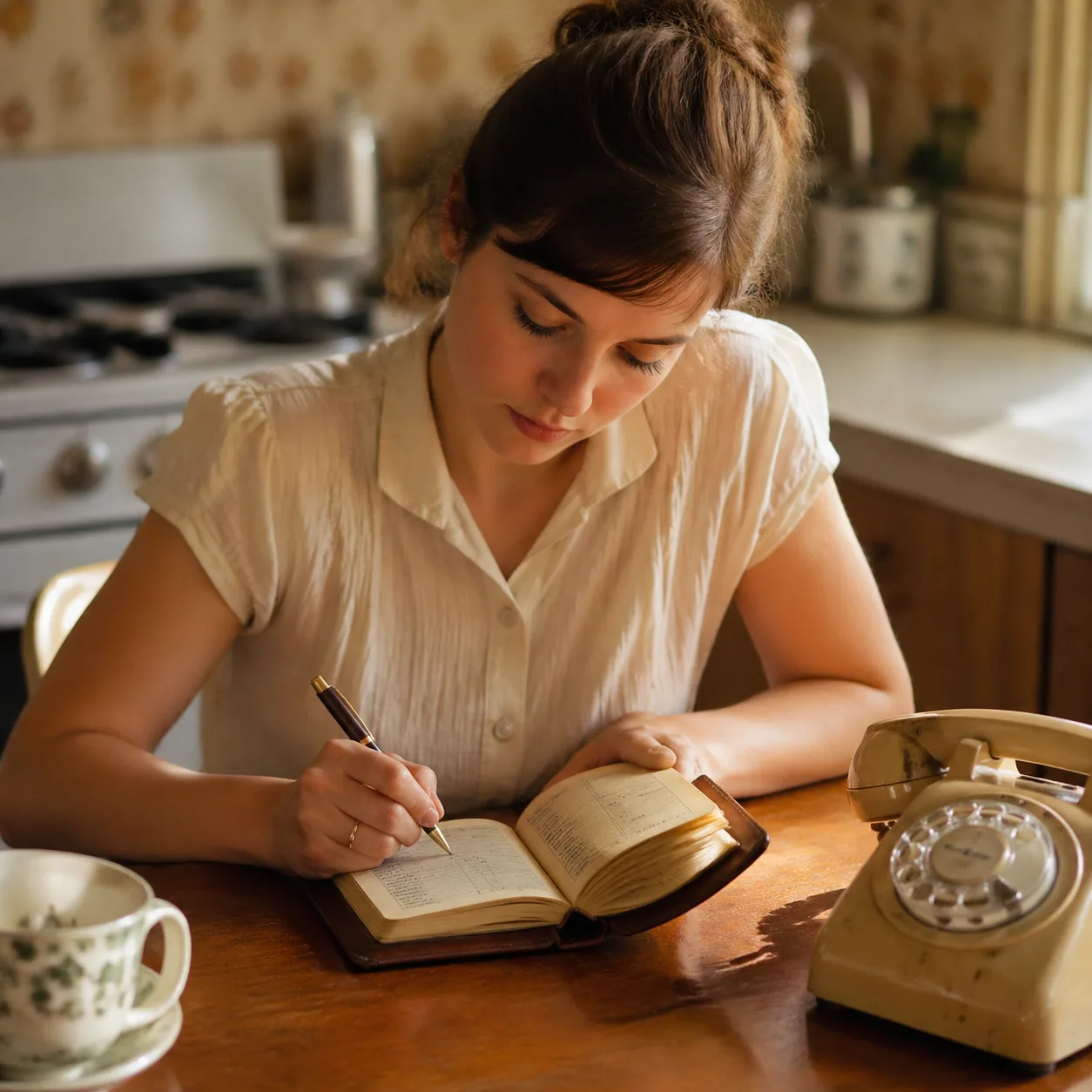 Warm editorial photo of a young woman writing phone numbers in a small leather address book on a kitchen table, rotary p