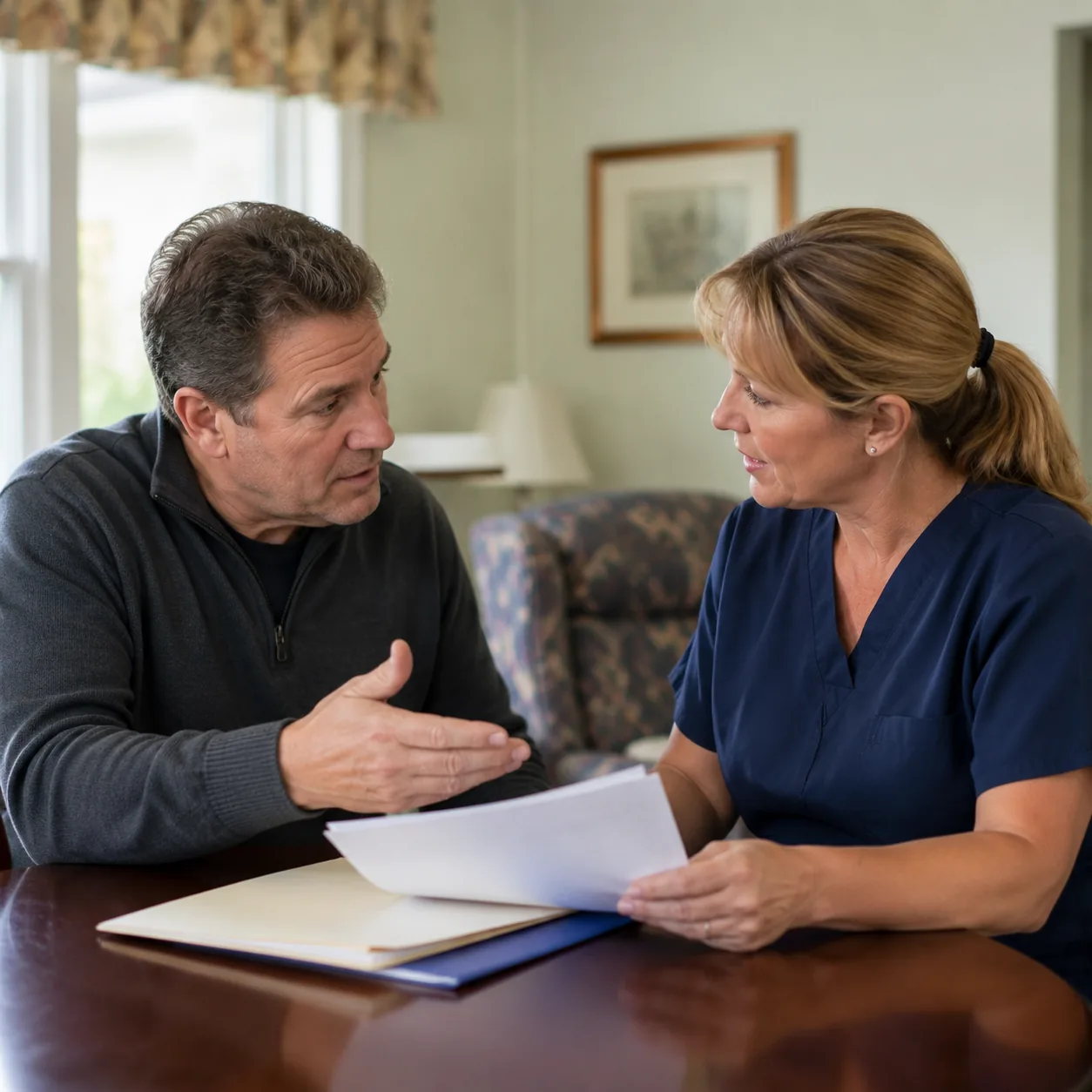 adult son asking assisted living nurse about care level increase paperwork, realistic editorial lifestyle photography fo