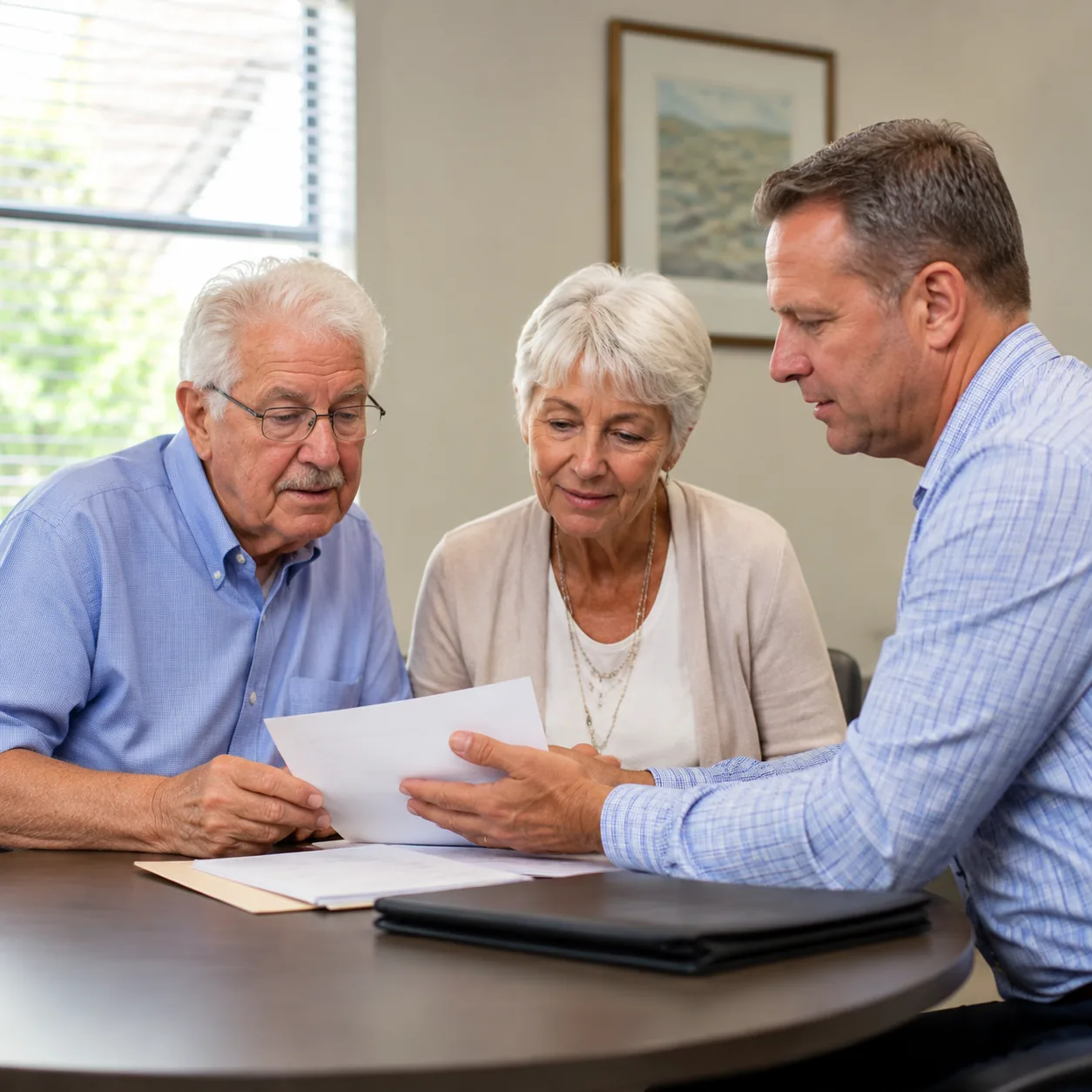 older couple and adult son reviewing assisted living move-in paperwork in a bright office, realistic editorial lifestyle