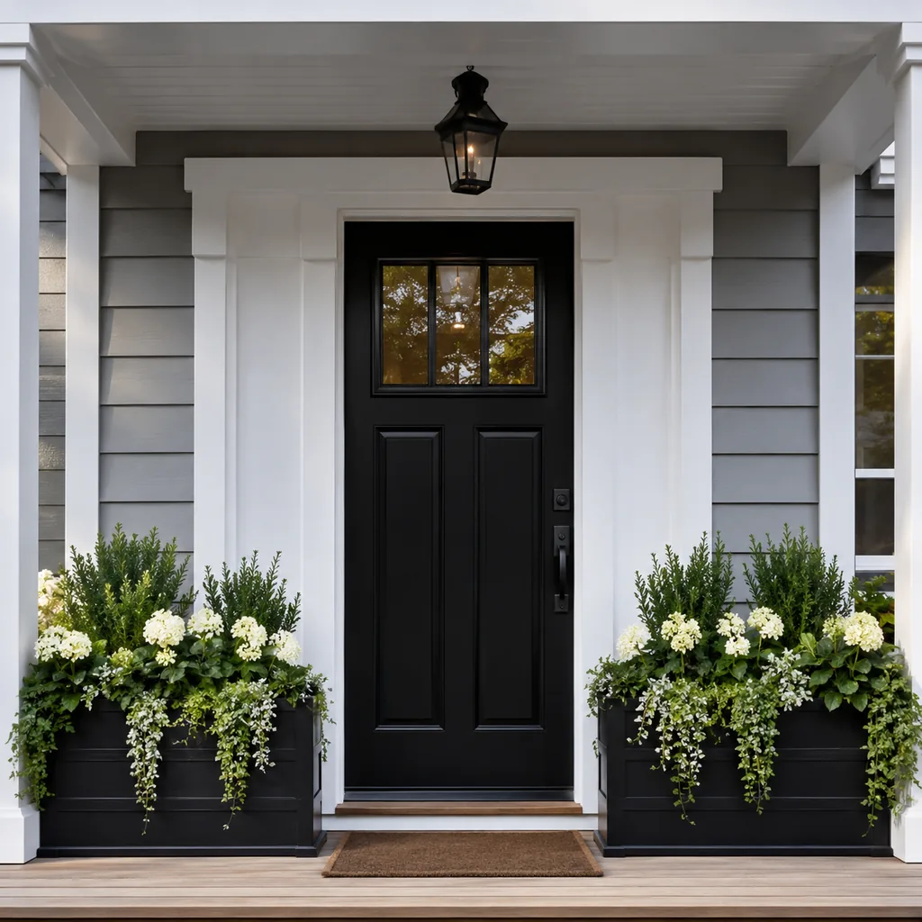 Realistic editorial photo of a black front door on an American home with trim, planters, hardware, and porch details showing planters that match the porch width