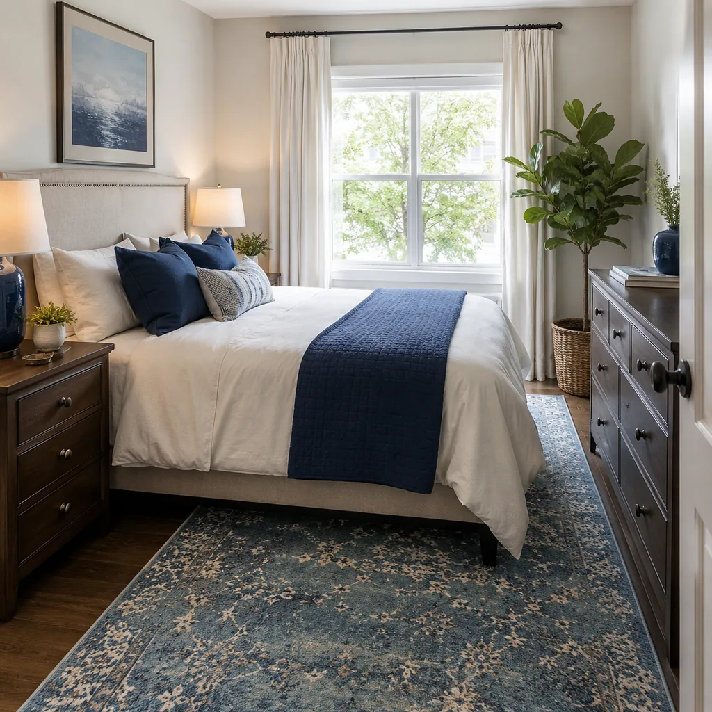 Realistic editorial photo of a compact American bedroom with bed, nightstands, window, dresser, and tight walkways showing one strong accent color instead of fi