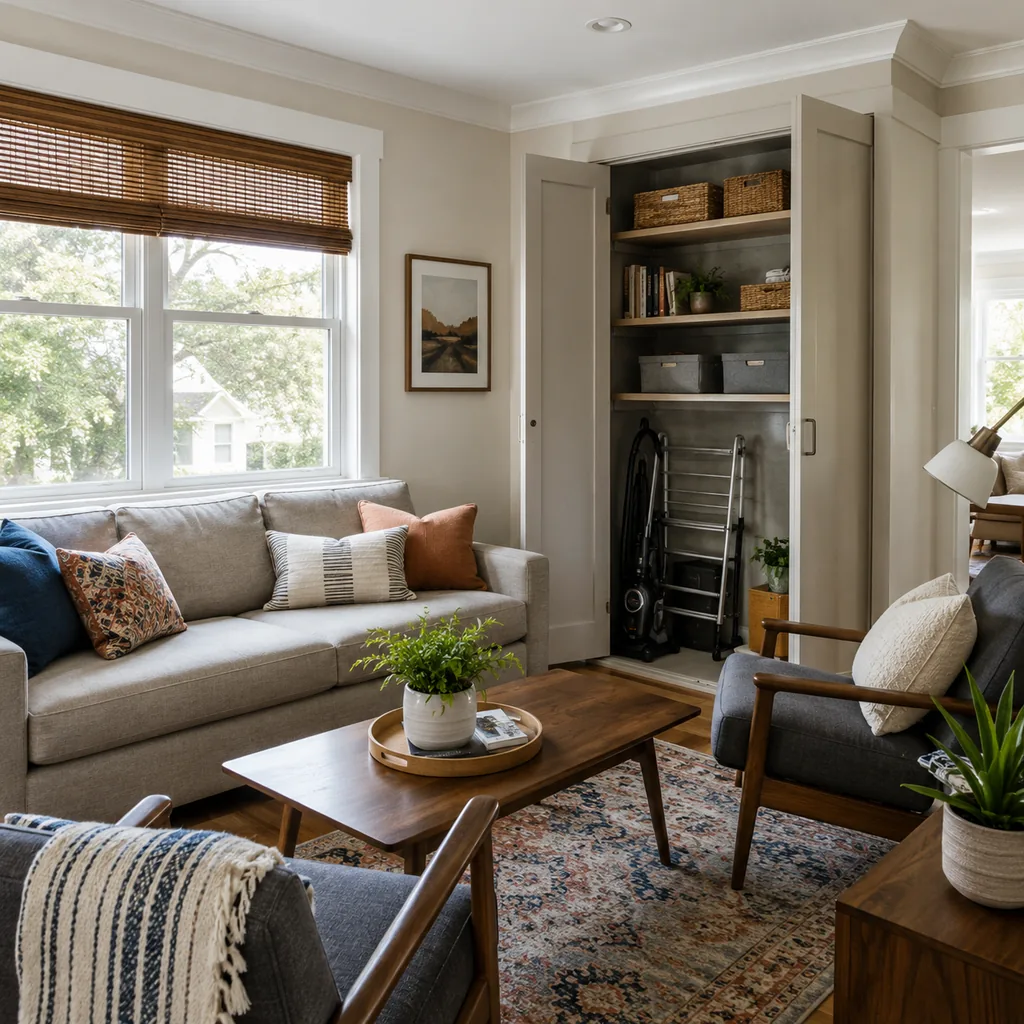 Realistic editorial photo of a compact living room with sofa, chairs, rug, coffee table, and window light showing corner that becomes storage, not pile-up