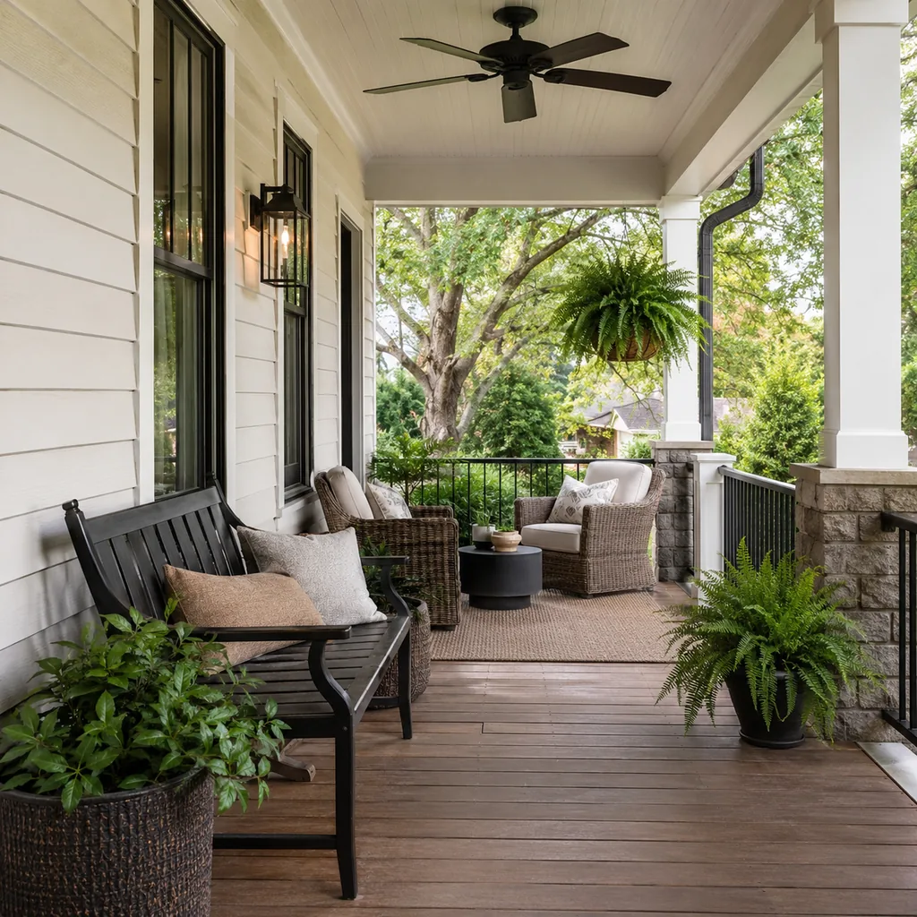 Realistic editorial photo of a covered porch with chairs, ceiling fan, plants, side tables, rug, and outdoor living details showing bench that does not block tr