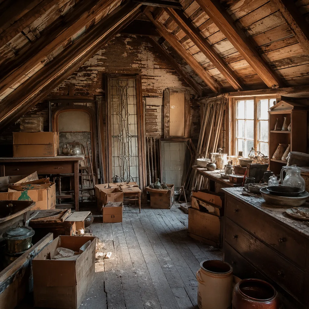 Realistic editorial photo of a dusty attic with boxes, old furniture, vintage kitchenware, and warm window light showing architectural salvage from older homes