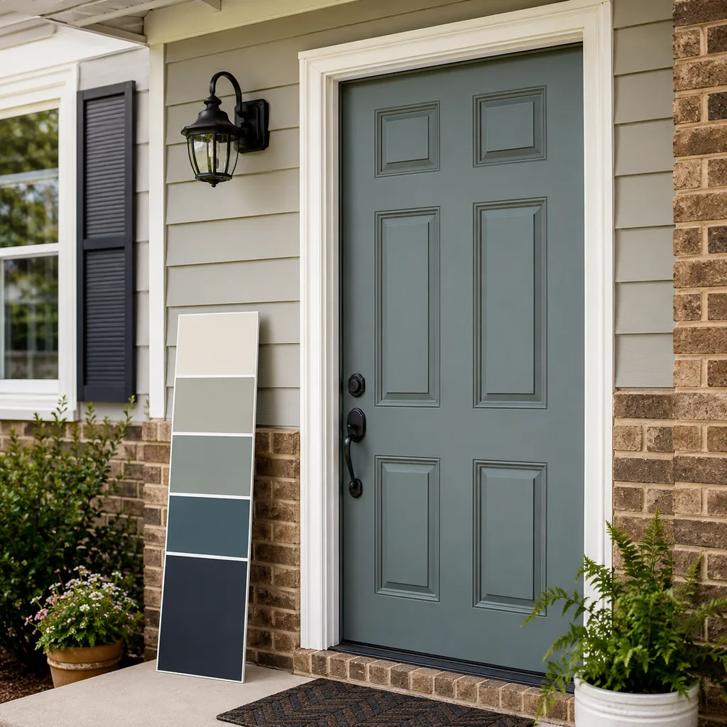 Realistic editorial photo of a front entry with door paint samples, brick, siding, plants, and trim showing ignoring how evening light changes color