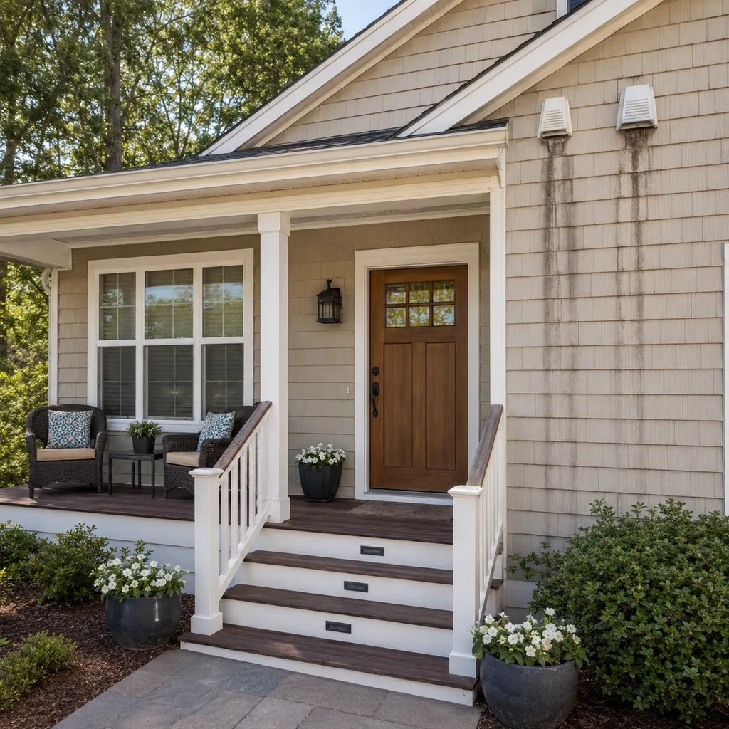 Realistic editorial photo of a front porch prepared for a home showing with steps, door, railings, seating, and curb appeal issues showing bathroom fans venting
