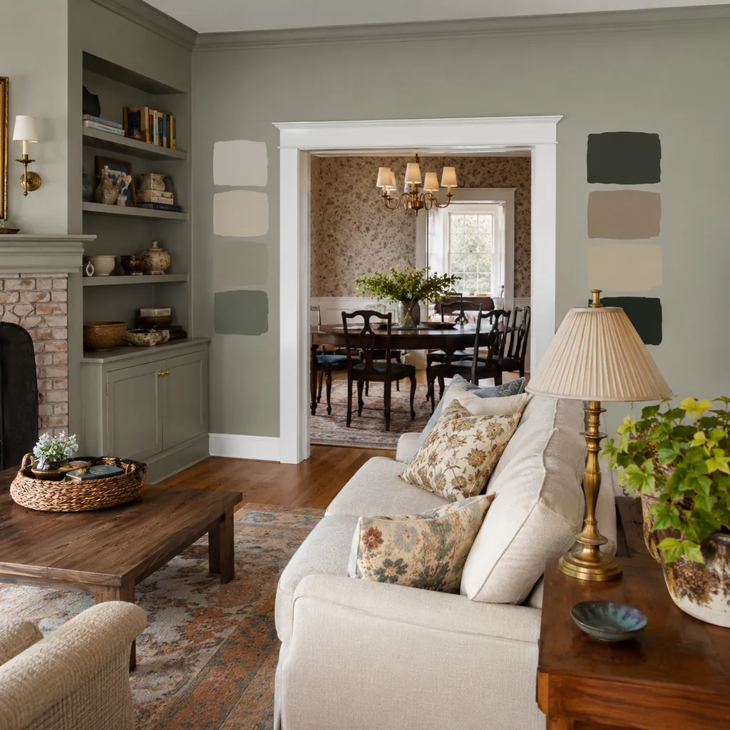 Realistic editorial photo of a home interior with vintage decor, modern furniture, warm wood, patterned accents, and layered lighting showing comeback color tes