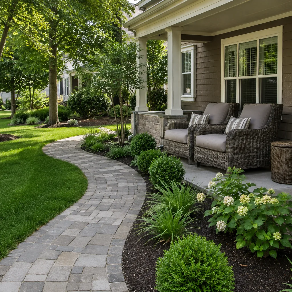Realistic editorial photo of a landscaped American front yard with lawn, shrubs, mulch beds, trees, walkway, and house exterior showing furniture bought before