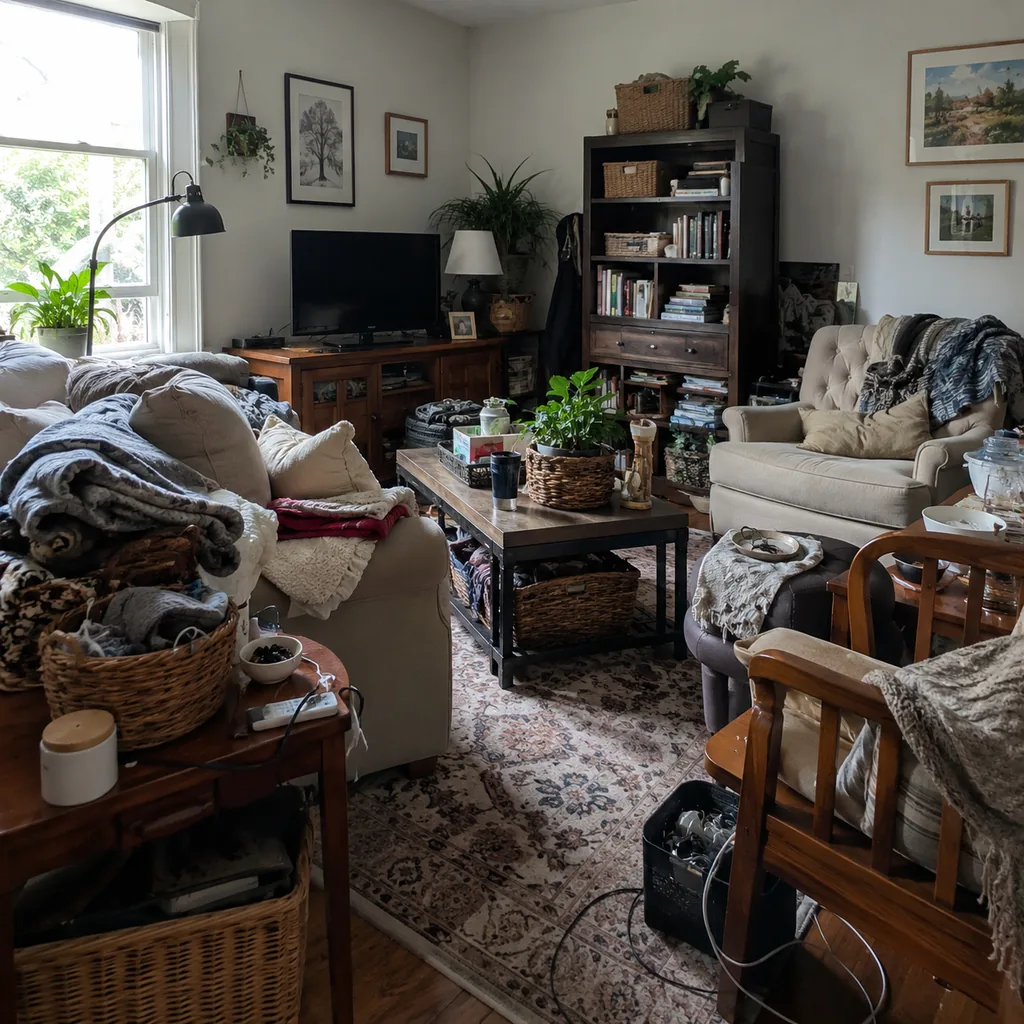 Realistic editorial photo of a living room with crowded surfaces, extra chairs, baskets, blankets, cords, and storage furniture showing objects that shrink the 