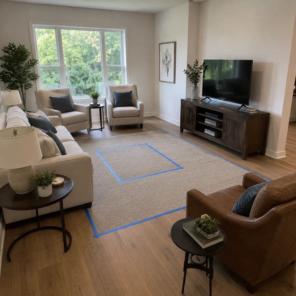 Realistic editorial photo of a living room with sofa, chairs, rug, TV, windows, and taped layout marks showing enough table space for real life