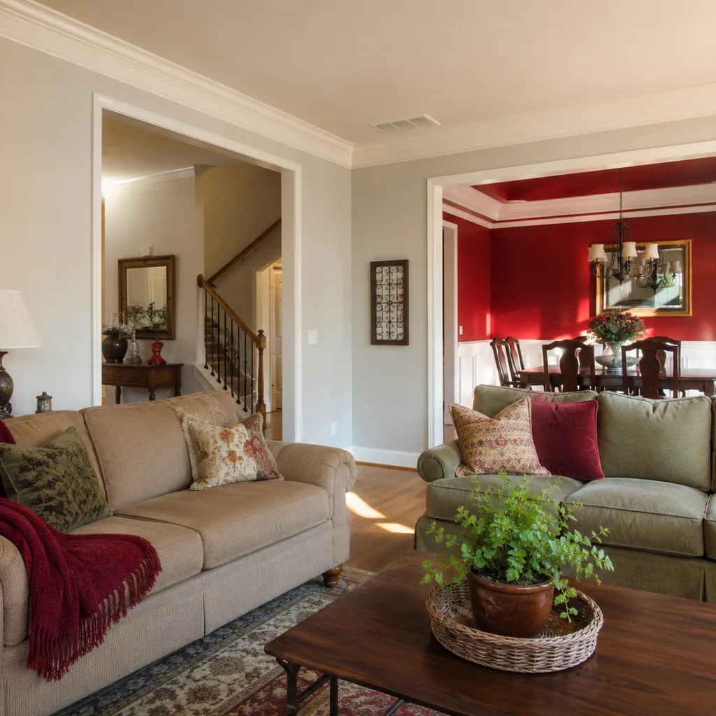 Realistic editorial photo of a living room with sofas in different upholstery colors, pillows, wall paint, and daylight showing red dining rooms that feel heavy