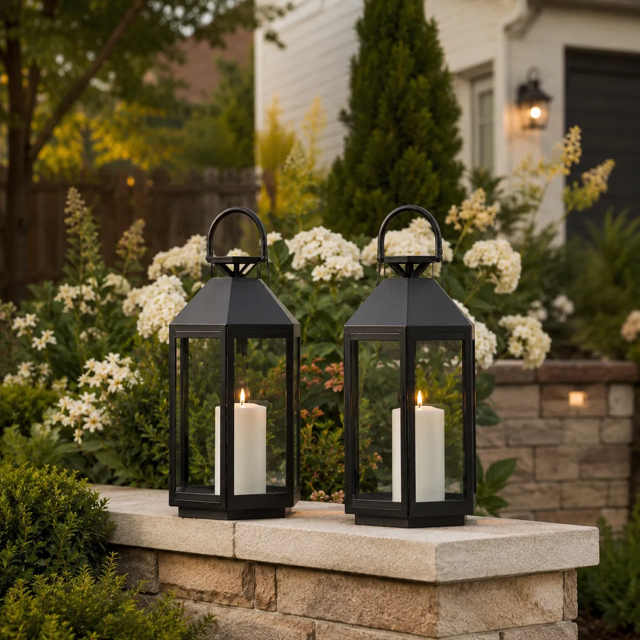 Realistic editorial photo of a matching pair of lanterns in budget backyard weekend upgrade, realistic editorial photo, 