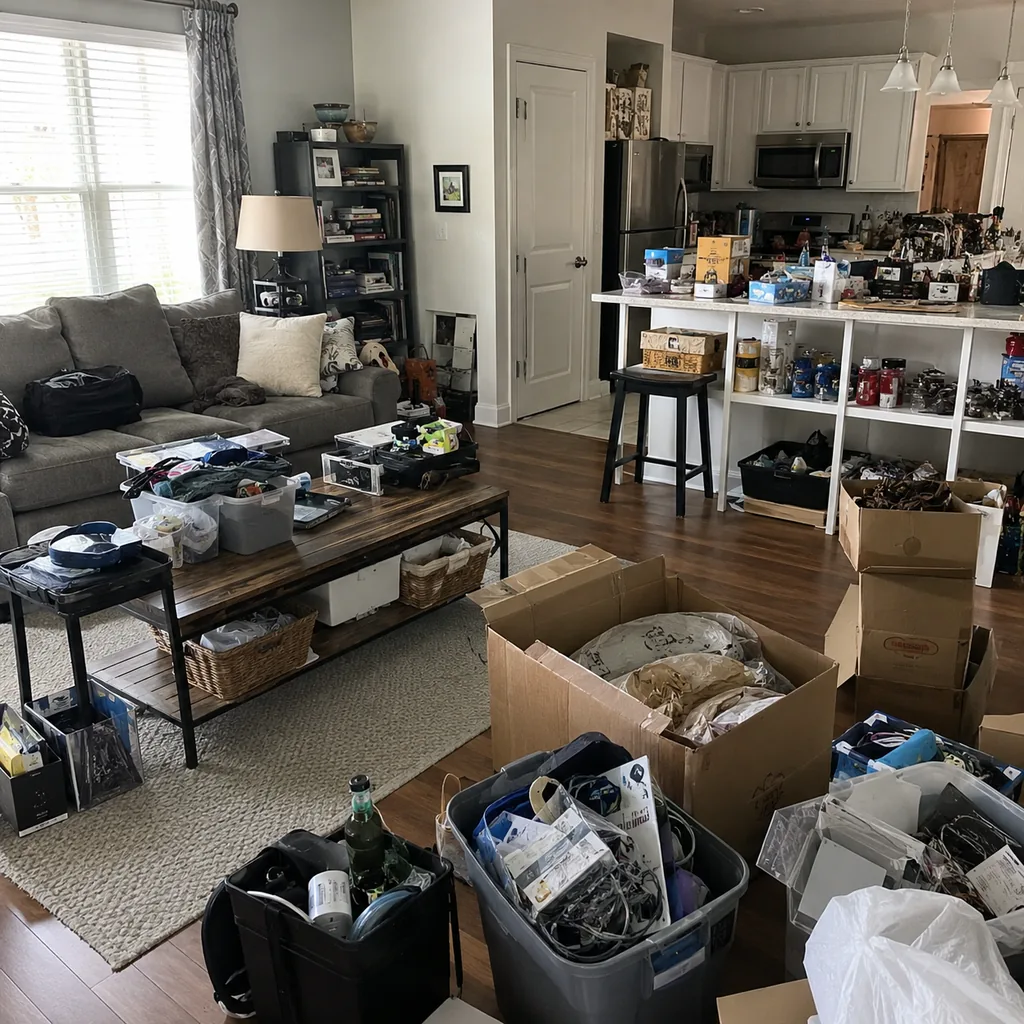 Realistic editorial photo of a realistic cluttered living room and kitchen area with boxes, counters, shelves, and organizing bins showing no place for returns 