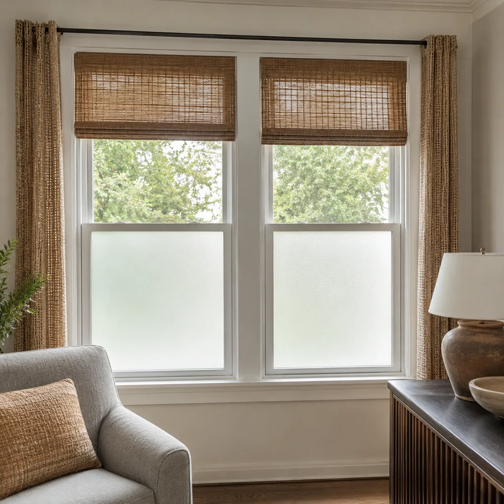 Realistic editorial photo of a room with windows, shades, shutters, woven panels, privacy film, and soft natural light showing rod that does not extend past the