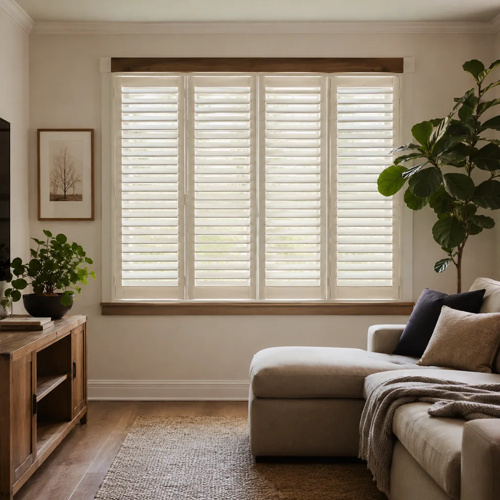 Realistic editorial photo of a small American room with windows, curtains, rods