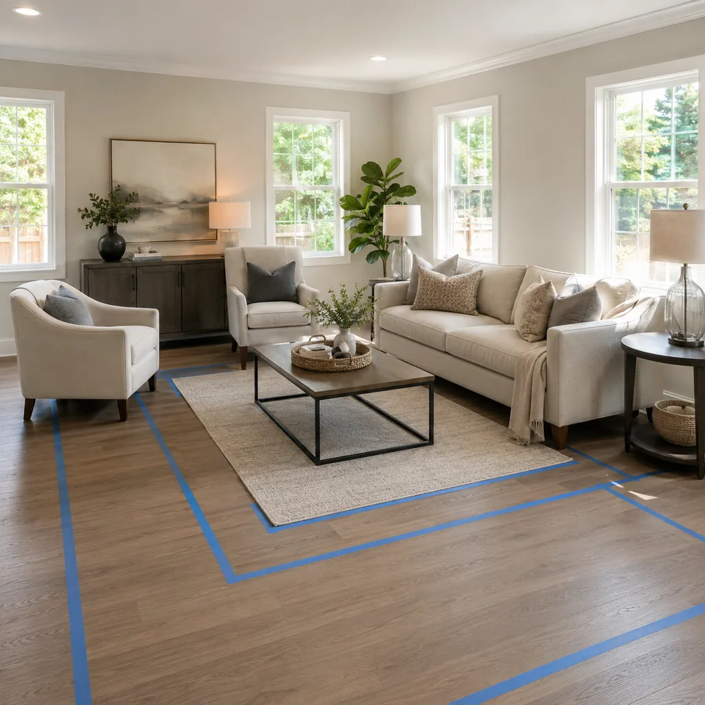 Realistic editorial photo of a staged American living room with sofa, rug, windows, lighting, and buyer-facing details showing floor plan tested with tape