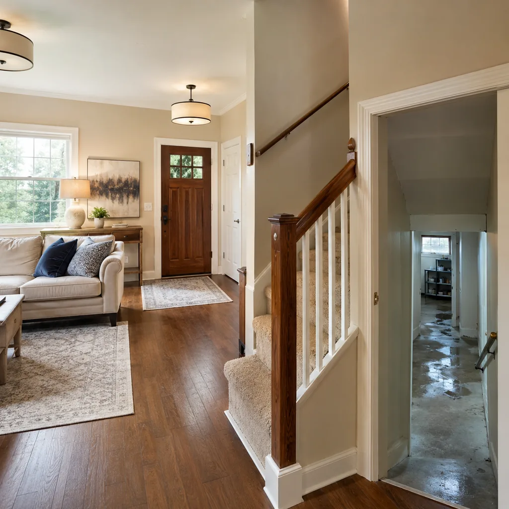 Realistic editorial photo of a staged home interior with living room, entry, lighting, furniture placement, and listing-photo details showing basement odor afte