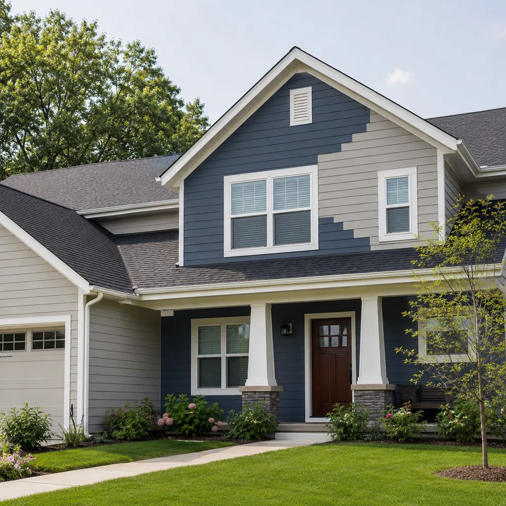 Realistic editorial photo of a suburban home exterior with siding, trim, roof, front door, lawn, and paint swatches showing accent walls that stop randomly