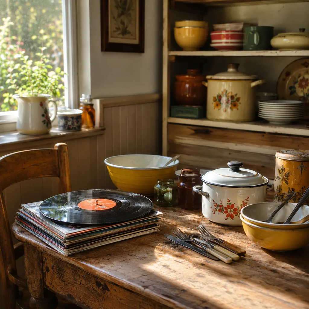 Realistic editorial photo of a vintage kitchen table with bowls, enamel cookware, utensils, tins, and warm window light showing vinyl records in good sleeves