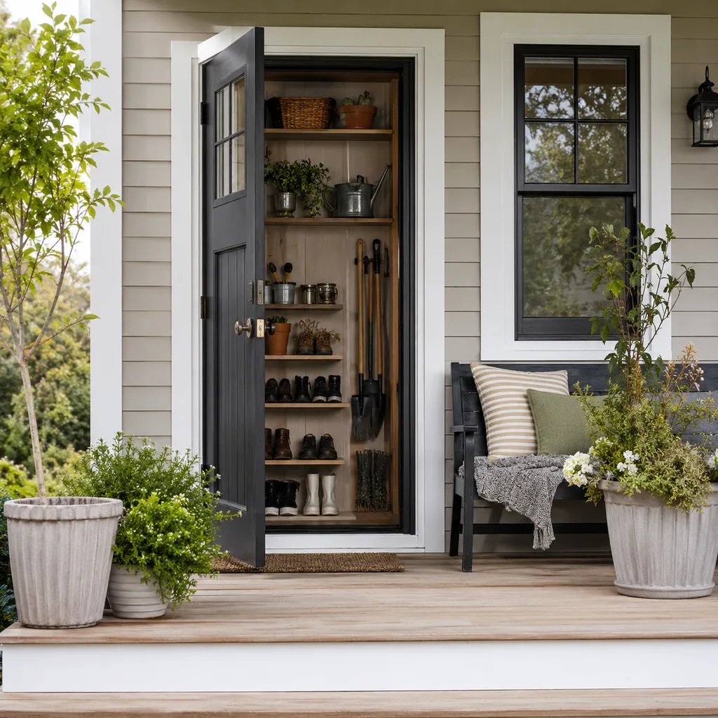 Realistic editorial photo of an American front porch with siding, steps, planters, seating, and a visible front door showing hidden storage for shoes and garden