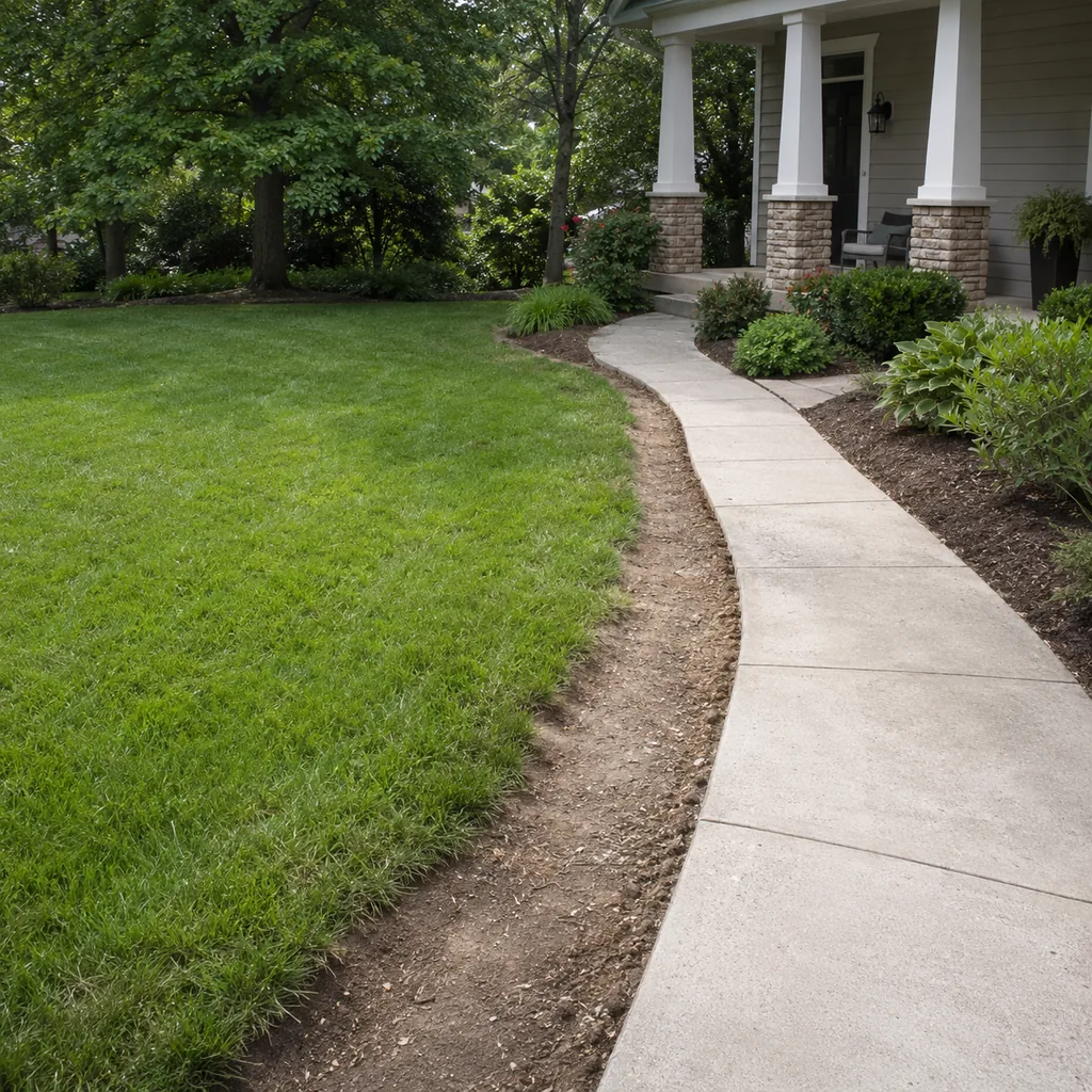 Realistic editorial photo of an American front yard with lawn, shrubs, walkway, mulch beds, trees, and a front porch showing lawn edge that looks unfinished