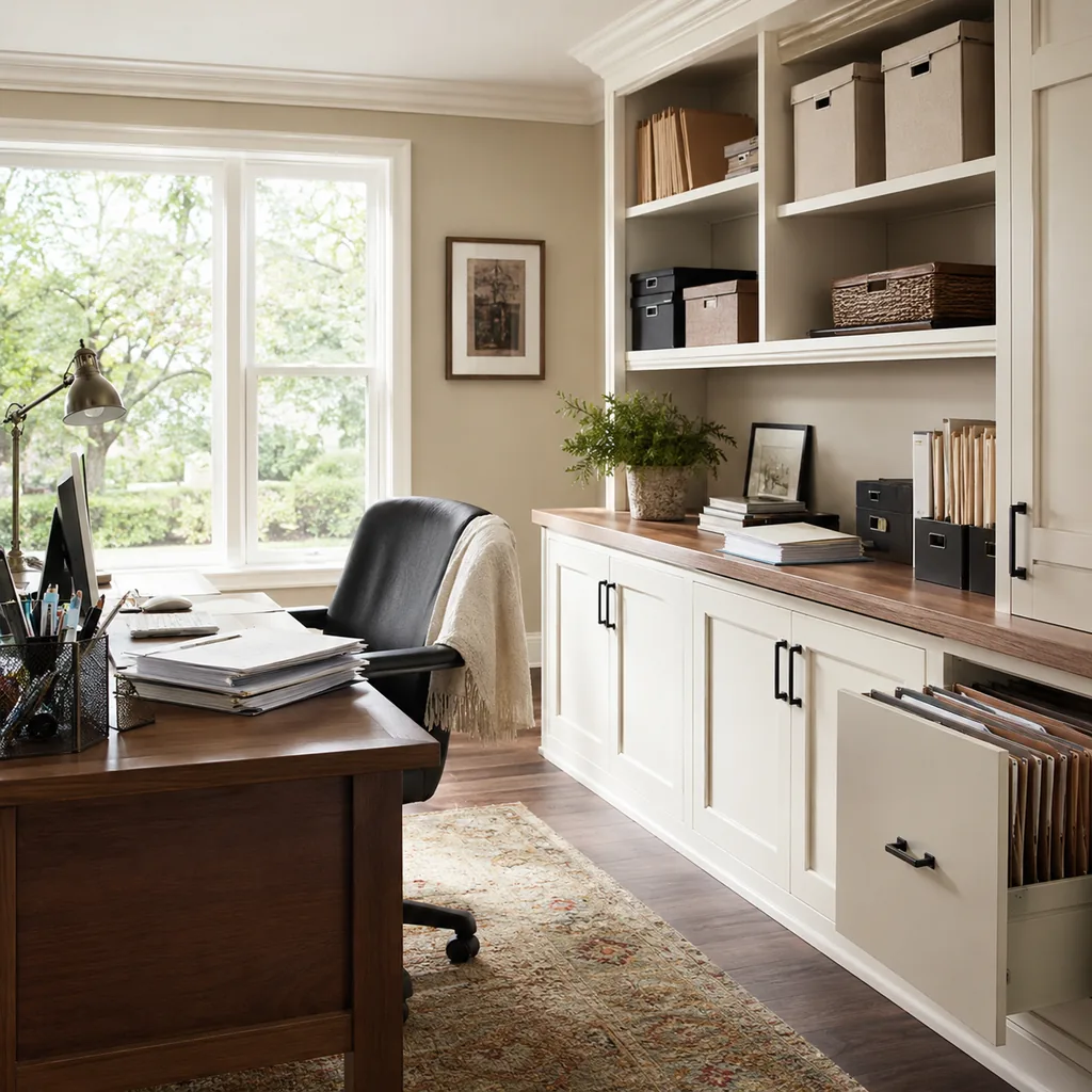 Realistic editorial photo of an American home office showing forgetting tax and file storage