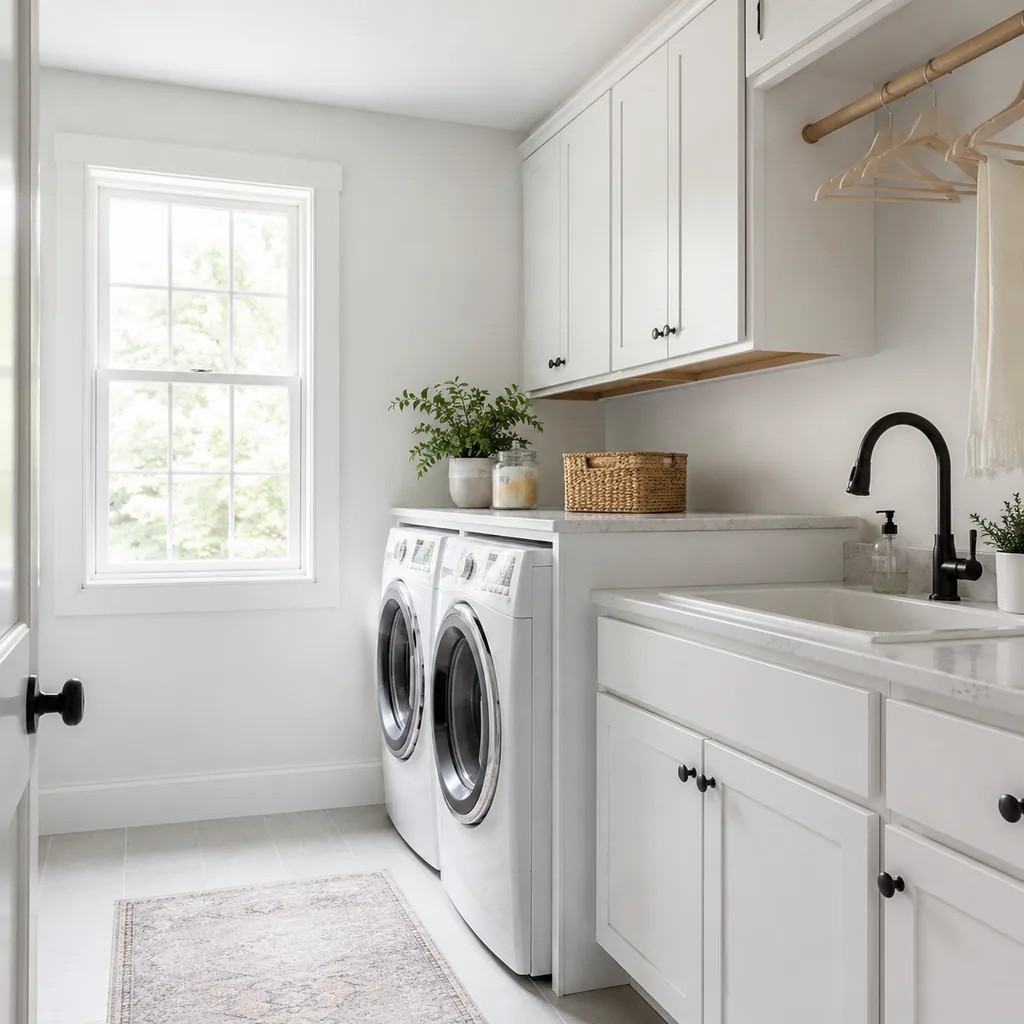 Realistic editorial photo of an American laundry room showing making room white for real use