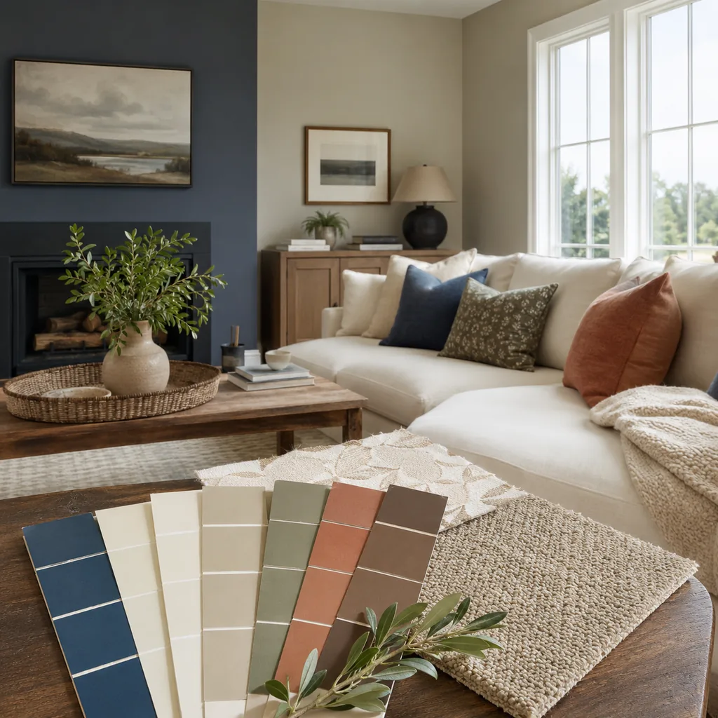 Realistic editorial photo of an American living room with paint swatches, sofa fabric, wall colors, and natural light showing palette with no bridge color