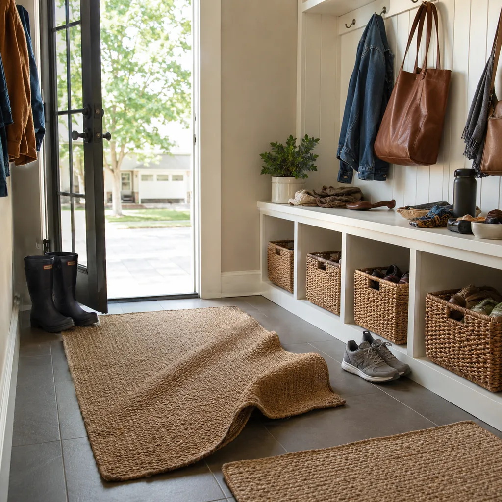 Realistic editorial photo of an American mudroom showing using rugs that slide around